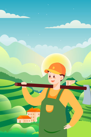 Farmer with an ax and a house in the background. Vector illustrationのイラスト素材