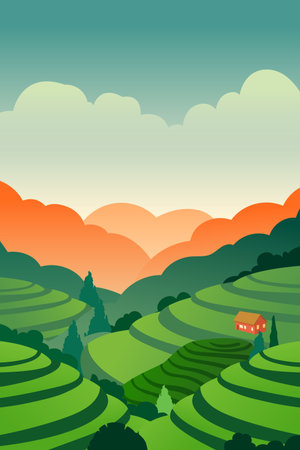 Rice terraces in the morning, cartoon style vector illustration.のイラスト素材