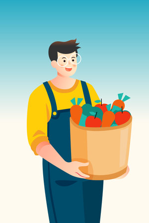 Farmer holding a basket with apples. Vector illustration in cartoon style.のイラスト素材