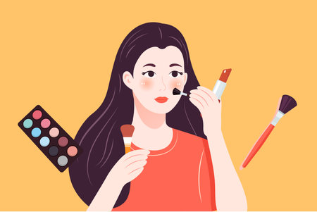Young woman applying make-up with cosmetics. Vector illustration in cartoon styleのイラスト素材