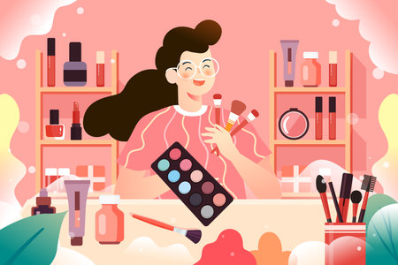 Woman making make up in the beauty salon. Flat vector illustration.のイラスト素材