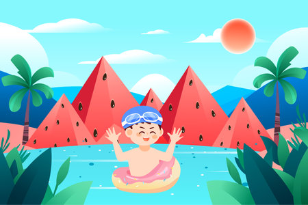 Cute Little Boy Swimming in Watermelon Landscape Cartoon Vector Illustrationのイラスト素材
