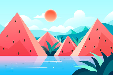 Landscape with mountains and watermelon. Vector illustration in flat styleのイラスト素材