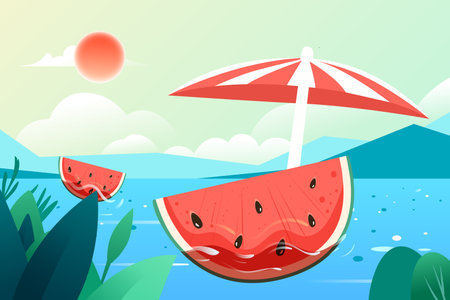 Summer vector background with a slice of watermelon and an umbrella.のイラスト素材