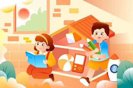 Vector Illustration Of Kids Studying In School, Learning, Learningのイラスト素材