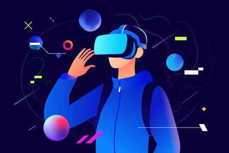 Man in virtual reality headset. Future technology concept. Vector illustration.のイラスト素材