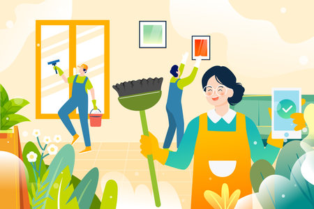 May Day, laborers are cleaning and building the city, with mountains and plants in the background, vector illustrationのイラスト素材