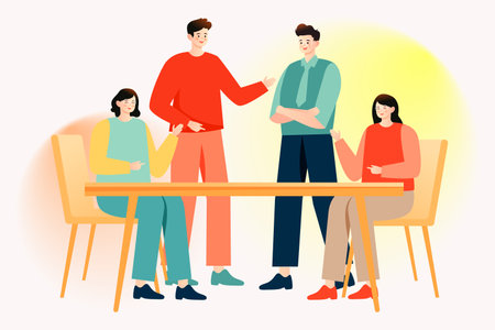 Employees are working overtime, the team discusses the plan together, with data and tables in the background, vector illustrationのイラスト素材