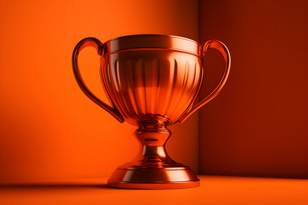 Bronze trophy cup on orange background. 3d render illustration.の素材