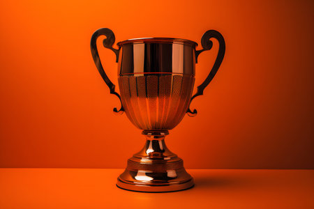 Trophy cup on orange background. 3d rendering. Image contains clipping path.の素材