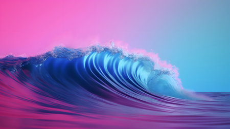 3D illustration of a blue ocean wave with a pink and blue backgroundの素材