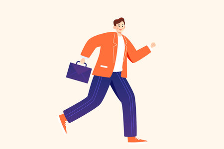 Young man with briefcase running. Vector illustration in a flat styleのイラスト素材