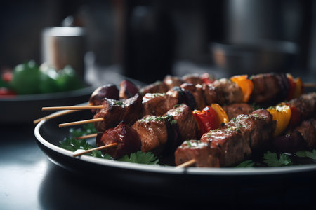 Skewers of lamb with vegetables on a black plate.の素材