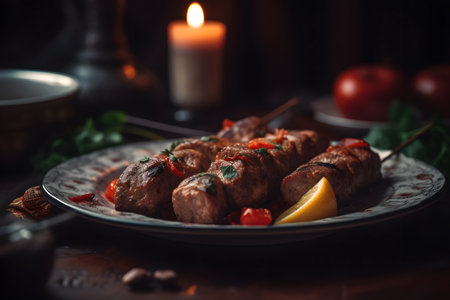 Meat kebab on skewers with vegetables on a dark backgroundの素材