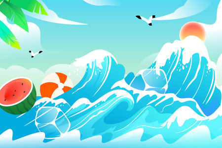 Seascape with watermelon and sea waves. Vector illustration.のイラスト素材