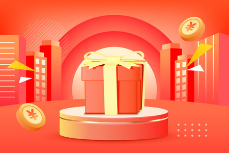 Gift box with dollar coin on red background. Vector illustration.のイラスト素材