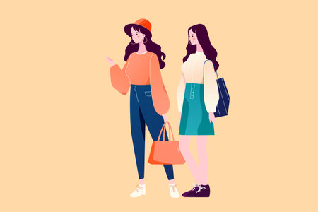 Two young women with shopping bags. Vector illustration in a flat styleのイラスト素材