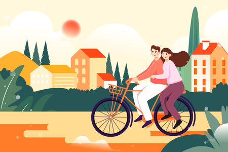 Happy couple riding bicycle in the city. Vector illustration in flat styleのイラスト素材