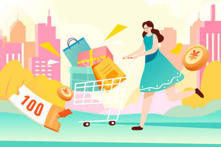 Girls are shopping with houses and plants in the background, vector illustrationのイラスト素材