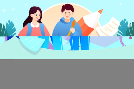 World book day, students are reading textbooks for exams, plants and books in the background, vector illustrationのイラスト素材