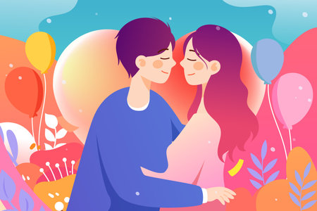 Young couple in love on the background of colorful balloons. Vector illustrationのイラスト素材