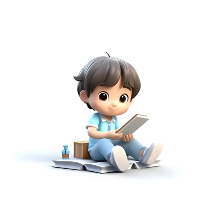 Boy reading a book on a white background. 3d rendering.の素材