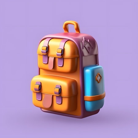 Backpack isolated on purple background. 3d illustration. 3d rendering.の素材