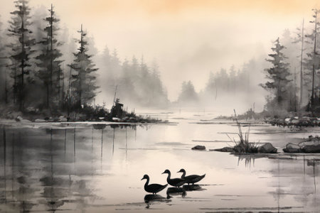 Ducks on the lake in the misty morning, Finland.の素材