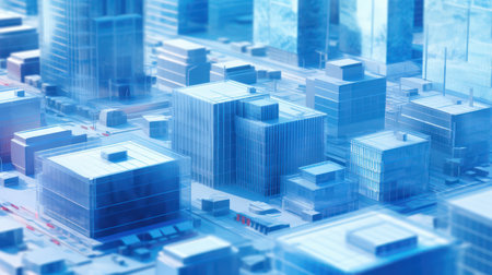 3d illustration of skyscrapers in the city, blue toneの素材