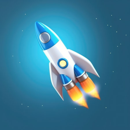 Space rocket with fire on blue background. Vector illustration. Eps 10の素材
