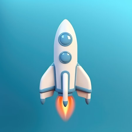 Rocket on a blue background. 3D rendering. Illustration.の素材