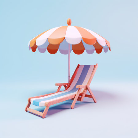 Beach chair with umbrella on blue background. 3D rendering.の素材