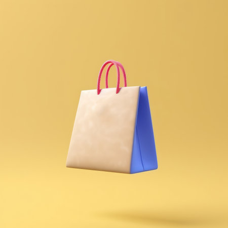 Paper shopping bag isolated on yellow background. 3d render illustration.の素材