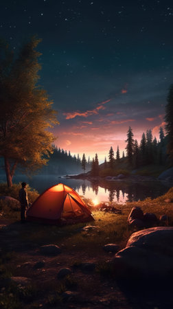 Camping on the shore of a lake and a tent at nightの素材