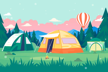 Camping flat vector illustration. Tent in the forest and hot air balloonのイラスト素材