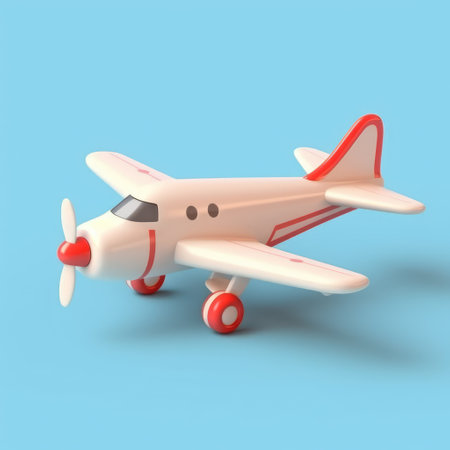 3d rendering of a toy airplane isolated on blue background with shadowの素材