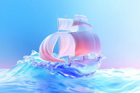 sailing boat in the sea. 3d render on blue backgroundの素材