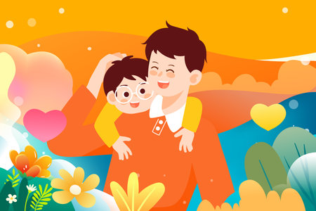 Happy father and son hugging each other in the park. Vector illustration.のイラスト素材