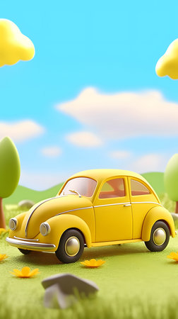 3d illustration of yellow retro car on grass with blue sky backgroundの素材