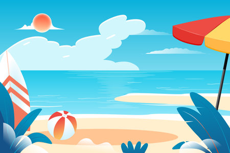 Beach with umbrella and ball. Vector illustration in flat style.のイラスト素材