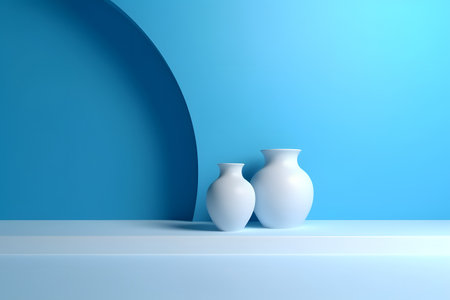 Two white vases on a blue background. 3D rendering.の素材