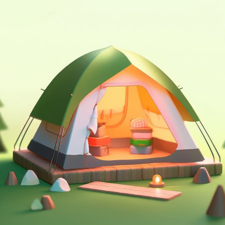 Camping tent on a green background. 3d render illustration.の素材