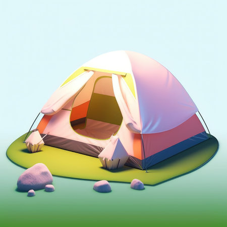 Camping tent on green grass. 3d render illustration on blue backgroundの素材