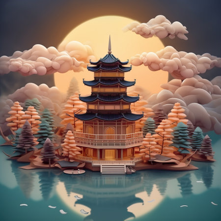 Chinese pagoda in the forest with full moon. Vector illustration.の素材