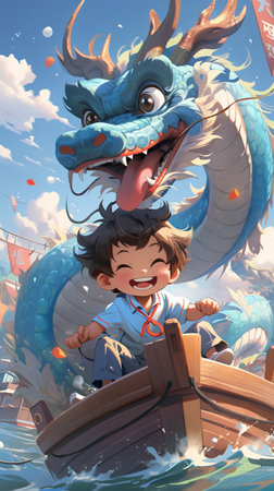 Cartoon scene with happy boy flying dragon boat - illustration for childrenの素材