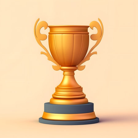 3d render of golden trophy cup on beige background with shadowの素材