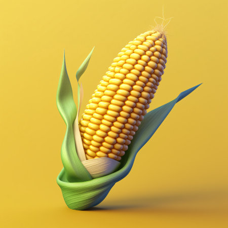 Corn cob on a yellow background. 3d rendering, 3d illustration.の素材
