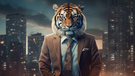 Businessman with tiger head and cityscape on background. Mixed mediaの素材