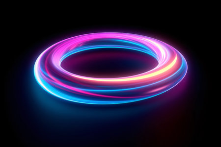 Neon light circle frame on dark background, tech glow backgroundの素材