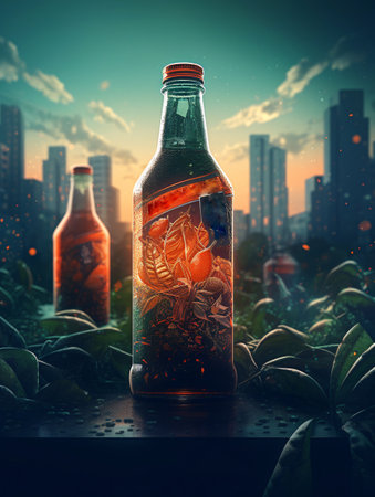 3d illustration of a bottle with a rose in the garden.の素材